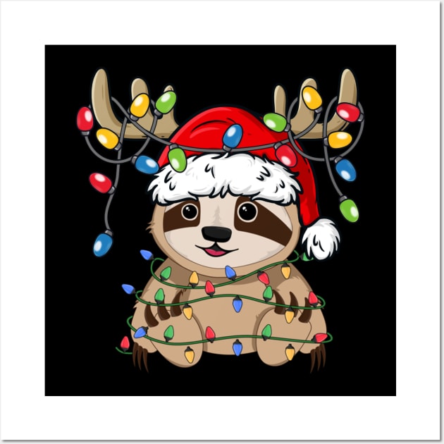 Cute Sloth With Santa Hat Reindeer Antlers Christmas Lights Wall Art by Kimko